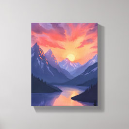 Mountain Range Sunset | Watercolor Lake Landscape キャンバスプリント