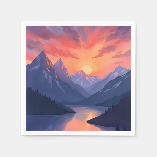 Mountain Range Sunset | Watercolor Lake Landscape スタンダードカクテルナプキン (正面)