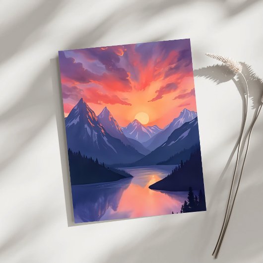 Mountain Range Sunset Watercolor Lake Painted Card