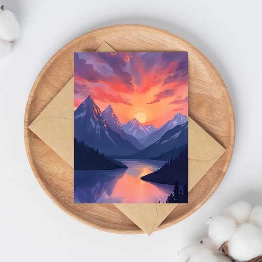 Mountain Range Sunset Watercolor Lake Painted Card