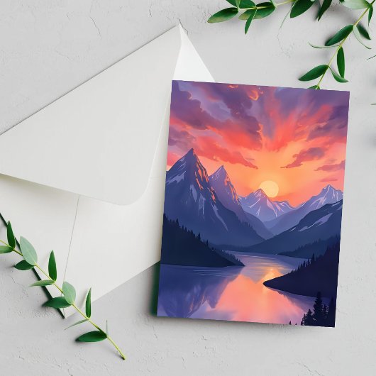 Mountain Range Sunset Watercolor Lake Painted Card
