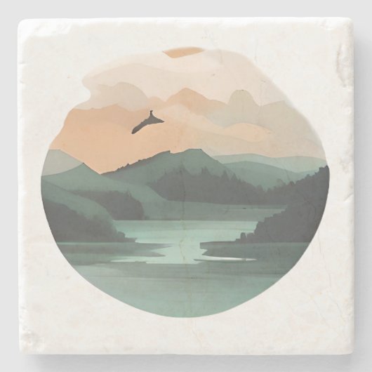 Mountain Reflections:夕暮れ時の穏やかな湖 ストーンコースター (正面)