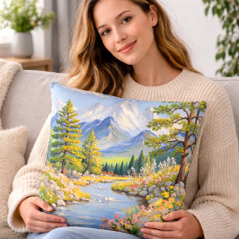 Mountain River Landscape Throw Pillow クッション