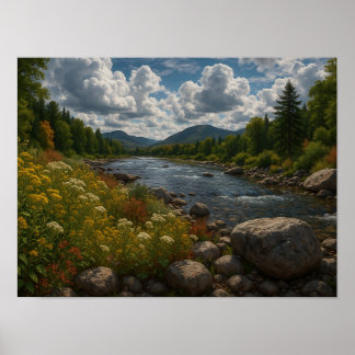 Mountain River Wildflowers Landscape  ポスター