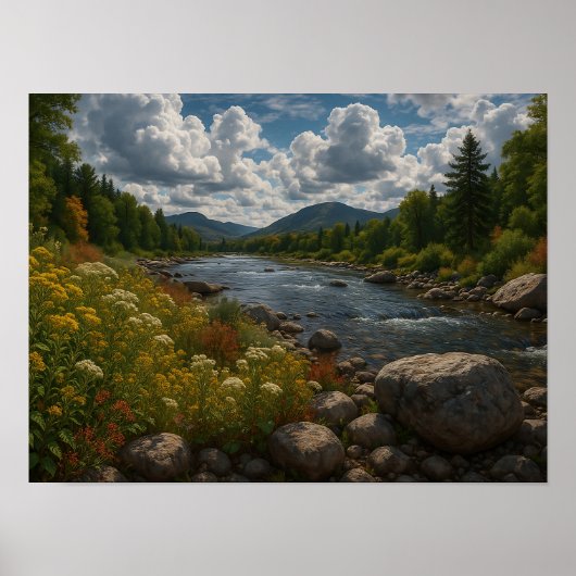 Mountain River Wildflowers Landscape ポスター (正面)