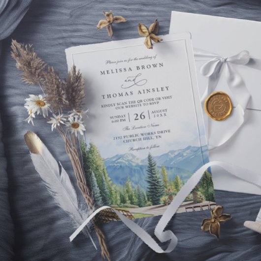 Mountain Rustic Aspen Colorado QR Code Wedding 招待状