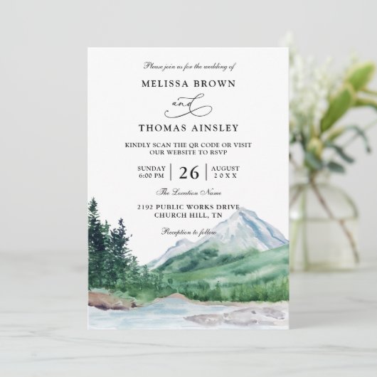 Mountain Rustic Lake Modern Budget QR Code Wedding 招待状 (スタンド正面)