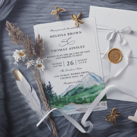 Mountain Rustic Lake Modern Budget QR Code Wedding 招待状