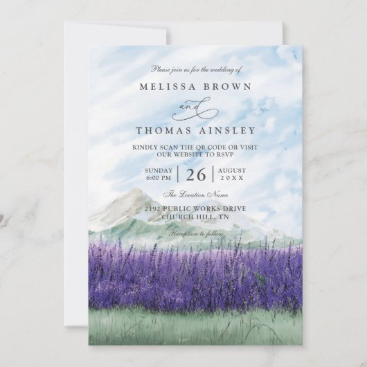 Mountain Rustic Lavender Meadow QR Code Wedding 招待状 (正面)