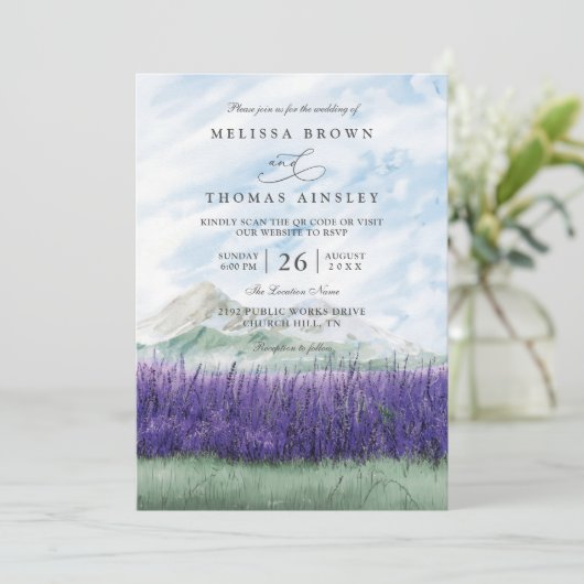 Mountain Rustic Lavender Meadow QR Code Wedding 招待状 (スタンド正面)