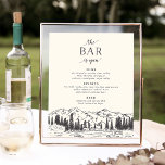 Mountain Sketch Wedding Bar Menu Sign ポスター<br><div class="desc">Invite guests to grab their favorite libation with our charming rustic wedding bar menu sign. 11x14 bar sign features a bottom border of mountain peaks, pine trees and a flowing river in a hand sketched style, with "the bar is open" in dark plummy brown. Includes three headings and three body...</div>