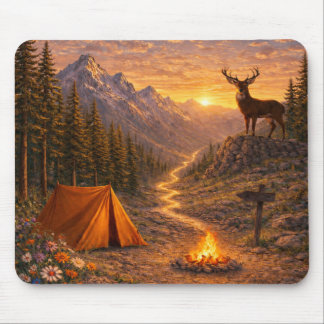 Mountain Sunset Deer Campsite Mouse Pad マウスパッド