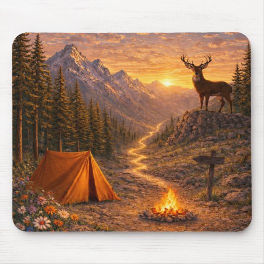 Mountain Sunset Deer Campsite Mouse Pad マウスパッド (正面)