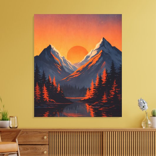 Mountain Sunset Reflection Fiery Orange Sky  キャンバスプリント (インサイチュ (リビング))