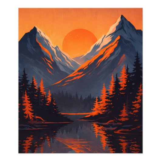 Mountain Sunset Reflection Fiery Orange Sky  フォトプリント (正面)
