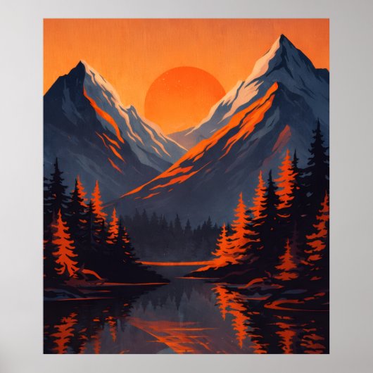 Mountain Sunset Reflection Fiery Orange Sky  ポスター (正面)