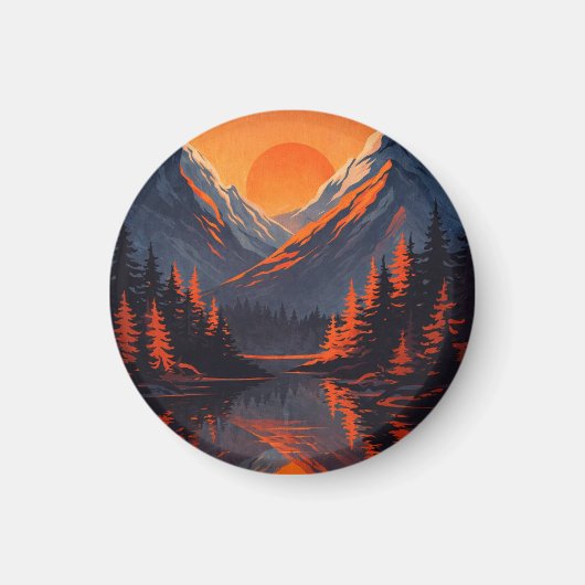 Mountain Sunset Reflection Fiery Orange Sky マグネット (正面)