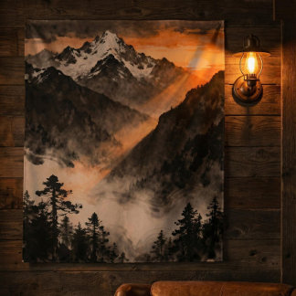 Mountain Sunset Tapestry | Golden Light Ink Art  タペストリー