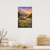 Mountain Sunset Wildflowers Retro Hippie Van Art ポスター (キッチン)