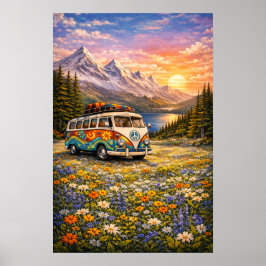 Mountain Sunset Wildflowers Retro Hippie Van Art ポスター