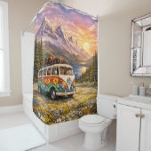 Mountain Sunset Wildflowers Retro Hippie Van Life シャワーカーテン (インサイチュ)