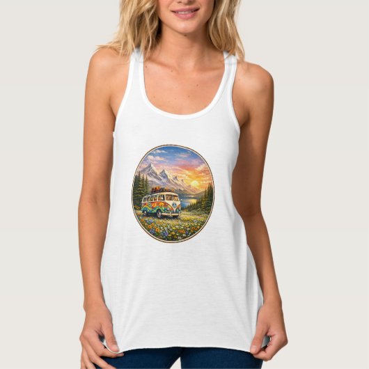 Mountain Sunset Wildflowers Retro Hippie Van Life タンクトップ (正面)