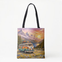 Mountain Sunset Wildflowers Retro Hippie Van Life