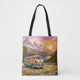 Mountain Sunset Wildflowers Retro Hippie Van Life トートバッグ