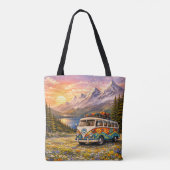 Mountain Sunset Wildflowers Retro Hippie Van Life トートバッグ (裏面)
