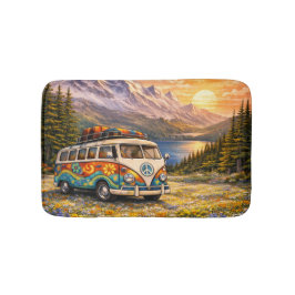 Mountain Sunset Wildflowers Retro Hippie Van Life バスマット