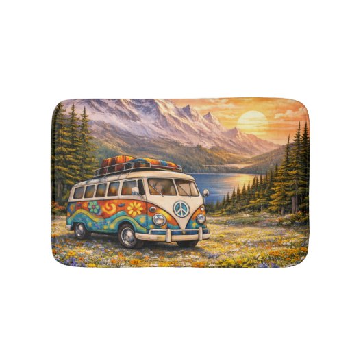 Mountain Sunset Wildflowers Retro Hippie Van Life バスマット (正面)