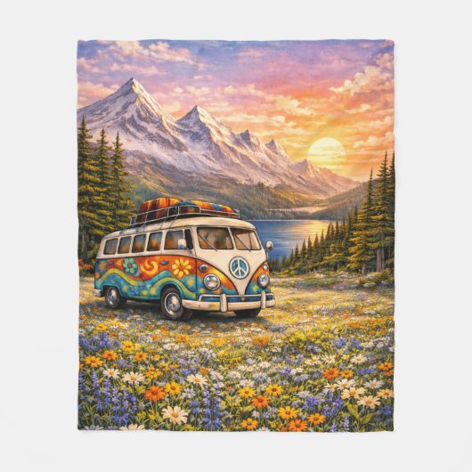 Mountain Sunset Wildflowers Retro Hippie Van Life フリースブランケット (正面)