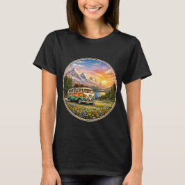 Mountain Sunset Wildflowers Retro Hippie Van Life Tシャツ