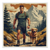 Mountain Trail Hiker & Dog Adventure Illustration ポスター (正面)