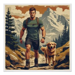 Mountain Trail Hiker & Dog Adventure Illustration ポスター