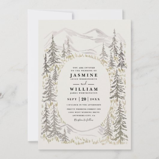 Mountain Trees Forest Rustic Elegant Wedding 招待状 (正面)