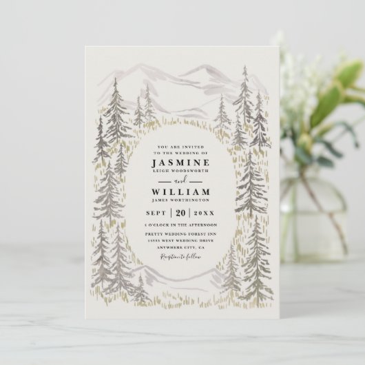 Mountain Trees Forest Rustic Elegant Wedding 招待状 (スタンド正面)