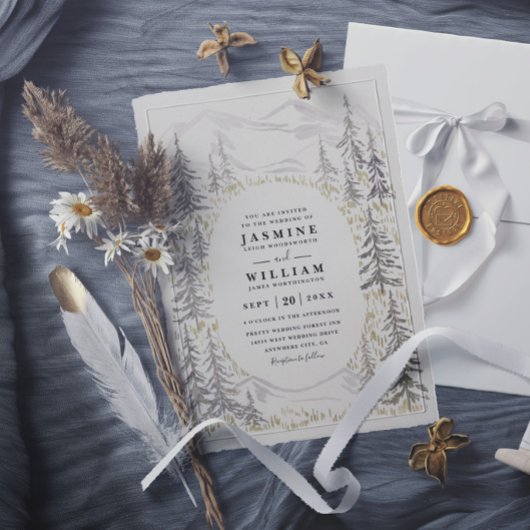 Mountain Trees Forest Rustic Elegant Wedding 招待状