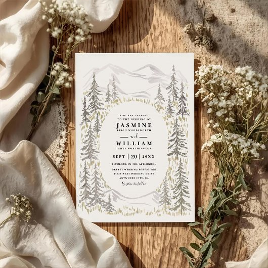 Mountain Trees Forest Rustic QR Code Wedding 招待状