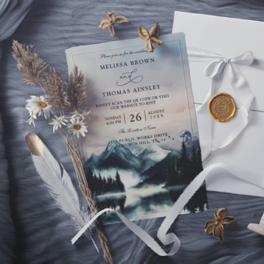 Mountain Trees Pine Rustic Budget QR Code Wedding 招待状