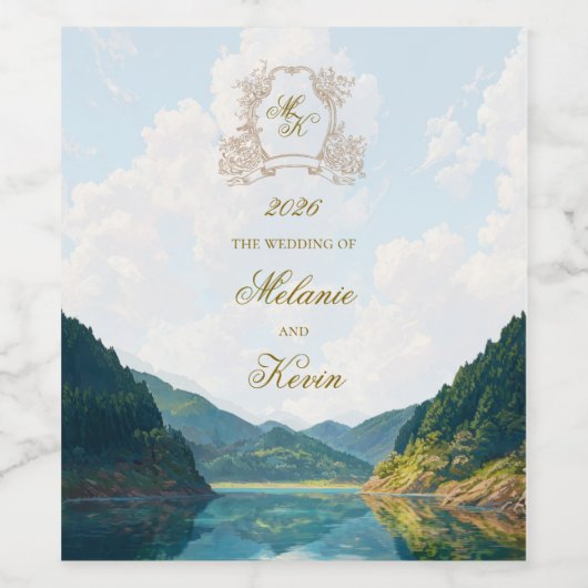Mountain Valley View Wedding Wine Label ワインラベル (シングルラベル)