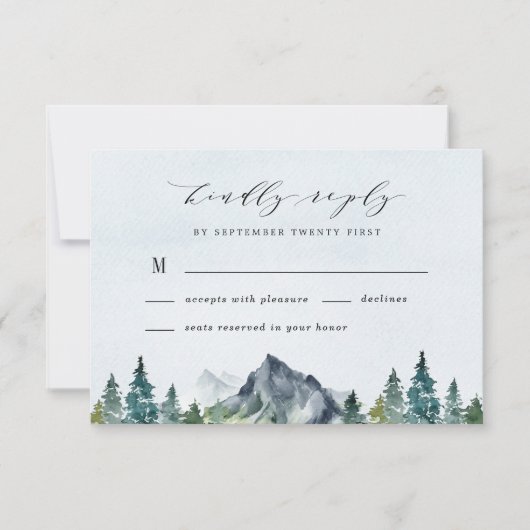 Mountain Watercolor Elegant Rustic Themed Wedding 出欠カード (正面)