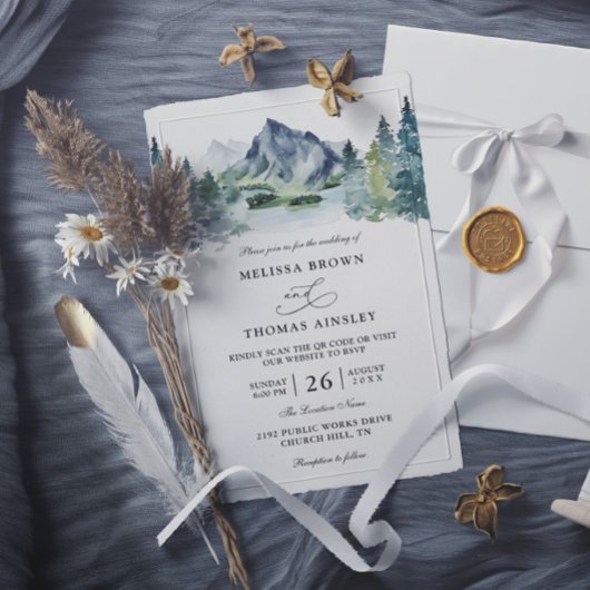 Mountain Watercolor Rustic Budget QR Code Wedding 招待状