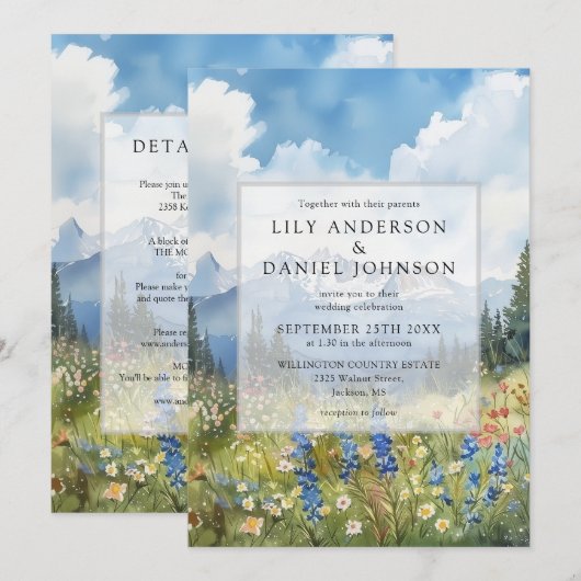 Mountain Wildflower Floral All In One Wedding 招待状 (正面/裏面)