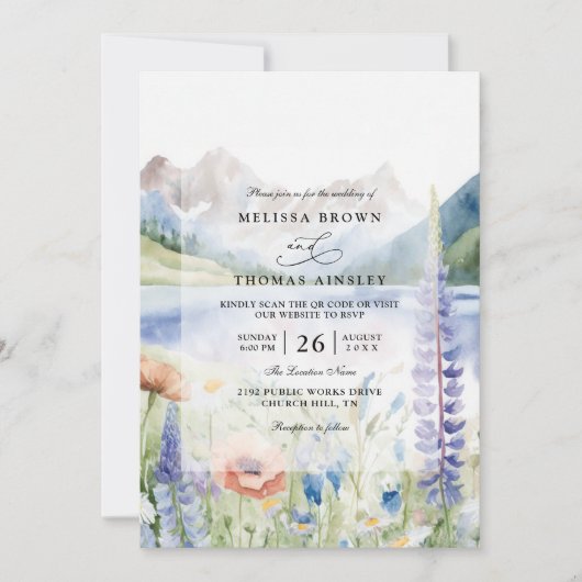 Mountain Wildflower Landscape QR Code Wedding 招待状 (正面)