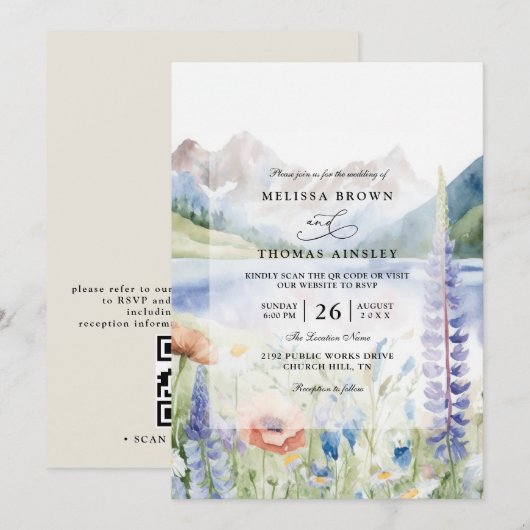 Mountain Wildflower Landscape QR Code Wedding 招待状 (正面/裏面)