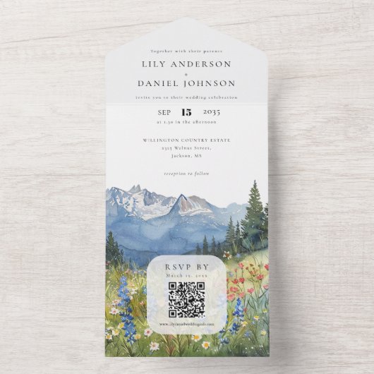 Mountain wildflowers Floral QR Code Wedding オールインワン招待状 (内側)