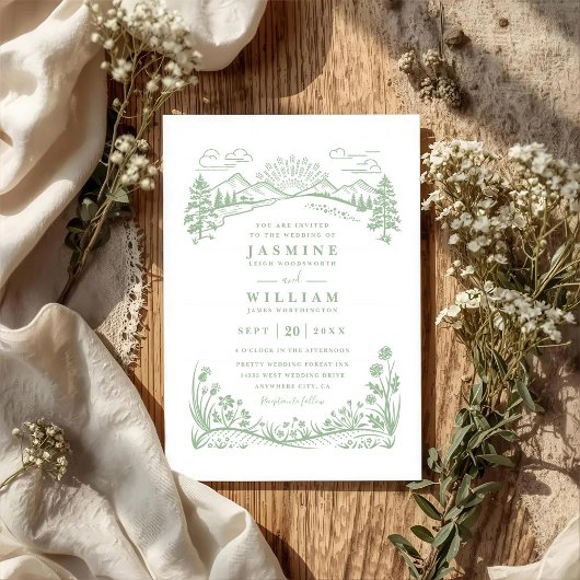 Mountain Wildflowers Forest Rustic QR Code Wedding 招待状