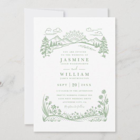 Mountain Wildflowers Forest Rustic QR Code Wedding 招待状 (正面)