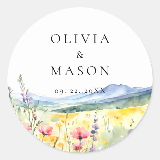 Mountain Wildflowers Meadow Modern Floral Wedding ラウンドシール (正面)